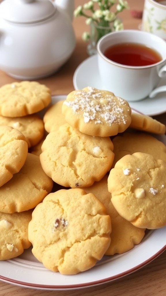 Gluten-Free Shortbread Cookies Recipe A plate of gluten-free shortbread cookies, golden-brown and crumbly, with powdered sugar on top, alongside a cup of tea.